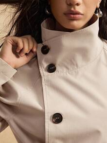 Easelle Vintage French Elegant Nomadic High Collar Cinched Waist Button Up Women Trench Coat Belted Outerwear Jackets In Autumn Teachers' Day Office Beige - Apricot - View 6