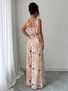 Elenzga 2pcs/Set Women's Spaghetti Strap Backless Design + High Waist Wide Leg Pants Vacation Pink Floral Summer Boho - Dusty Pink - View 2