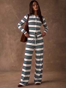 SHEIN BAE Áo thun dài tay nữ in họa tiết sọc, cài cúc phía trước - màu xanh lá - Xem 1