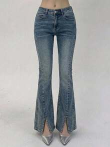 Joudiya Solid Slit Hem Flare Leg Jeans - Blue - View 7