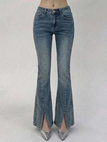 Joudiya Solid Slit Hem Flare Leg Jeans