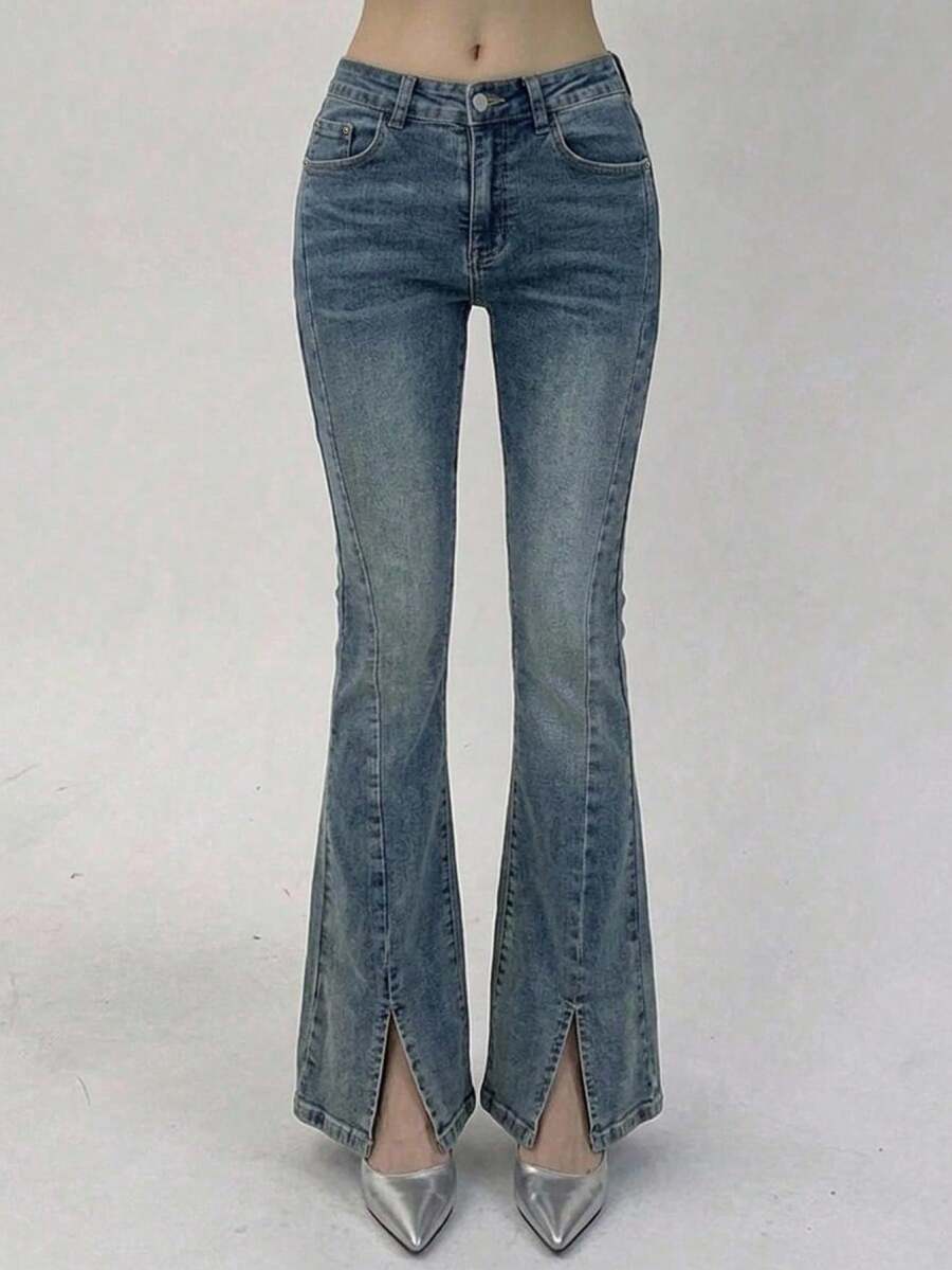 Joudiya Solid Slit Hem Flare Leg Jeans - Blue - View 1