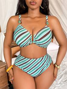 Slaydiva 2026 Summer New Plus Size Women Striped Adjustable Strap High Waist Triangle Bikini 2 Pieces Swimwear Beach Vacation Sexy - Multicolor - View 4
