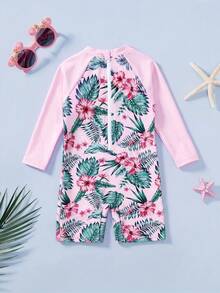SHEIN Bộ đồ bơi liền thân in họa tiết nhiệt đới cho bé gái, thích hợp cho kỳ nghỉ biển. - Hồng - Xem 2