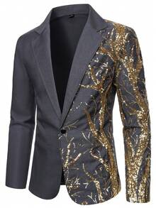 Manfinity Bizformal 男士亮片細節拼接鈕扣長袖西裝外套與口袋長褲正式套裝，儀式用 - 深灰色 - 查看 5