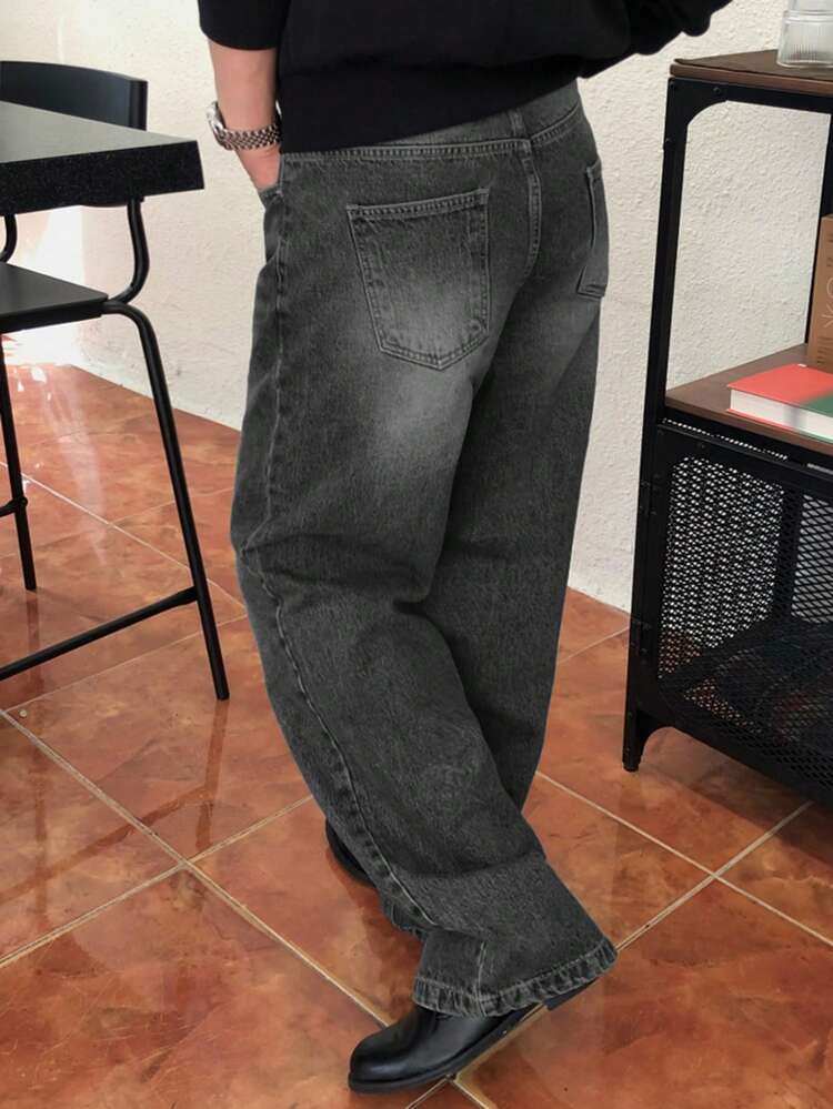 Men's Vintage Washed Dark Blue Denim Jeans, Autumn