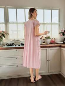 SHEIN Round Neck Ruffle Patchwork Embroidered Lace Trim Short Sleeve Women Nightgown - Pink - View 2