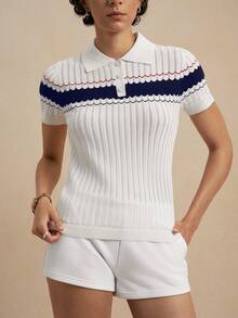 Nima Coro Women's Coastal Preppy Collared Button-Down Short Sleeve Ribbed Hollow-Out Knit Blouse, Summer Tea Party Travel White And Red Top - White - View 4