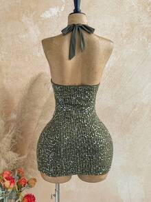 Soleia Army Green Sequin Tassel Decor Halter Backless Mini Dress,70s Boho Summer Night Out Party Vacation Beach Cruise Road Trip Holiday Music Festival - Green - View 2