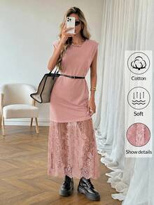 SHEIN LUNE Women's Casual Solid Color Lace Patchwork Sleeveless Long Dress, Basic Outfit For Spring/Summer Daily Wear Date, Commuting And Outings Dusty Pink - Dusty Pink - View 3