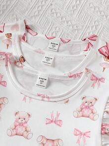 3件套 女童舒适时尚爱心印花短袖荷叶边休闲睡衣家居服套装，春夏款 - 彩色 - 查看 4