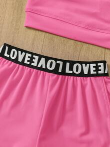 SHEIN 2件套女童针织纯色字母弹力腰背心和短裤运动套装 - 玫紅色 - 查看 6