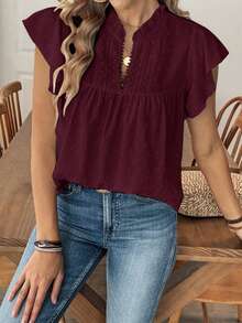 EMERY ROSE Women's Casual Vacation Solid Color Cutout Lace V-Neck Cap Sleeve Blouse, Spring/Summer - Burgundy - View 3