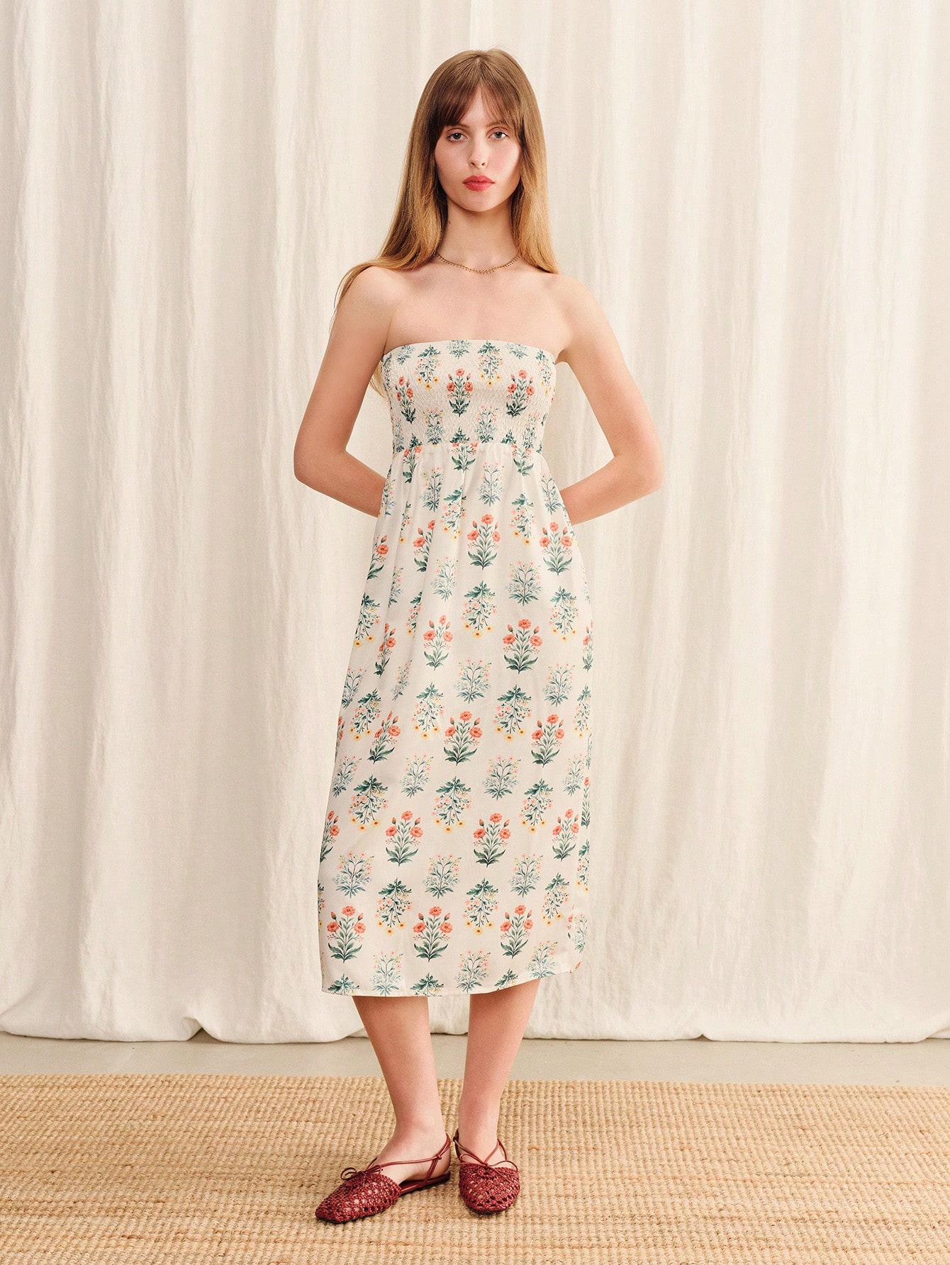 Boho Cream Strapless Floral Print Midi Dress With Shirred Chest Loose Fit Spring Summer Casual Holiday Dress French Style Vacation Dress Going Out Dress