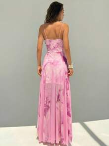 Aloruh New Romantic Bohemian Floral Mesh Print Patchwork Shell Ribbon Waist Maxi A-Line Dress,Dresses For Women Summer - Pink - View 2