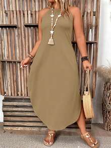 EMERY ROSE Plus Size Women's Solid Color Simple Daily Open Shoulder Dress Maxi Women Outfit - Khaki - View 3