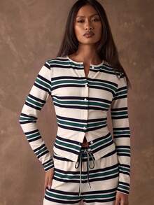 SHEIN BAE Áo thun dài tay nữ in họa tiết sọc, cài cúc phía trước - màu xanh lá - Xem 6