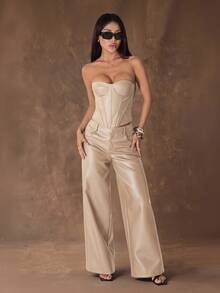 SHEIN PETITE 女款棕色時尚派對 PU 抹胸短版上衣，皮革束腰，適合夜店、夏季、萬聖節、聖誕節、新年，小碼女性 - 杏色 - 查看 12