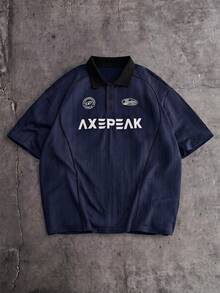 AXEPEAK Men's Letter Print Short Sleeve Casual Polo Shirt - Navy Blue - View 1