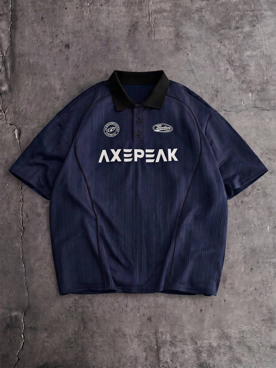 AXEPEAK Men's Letter Print Short Sleeve Casual Polo Shirt - Navy Blue - View 1
