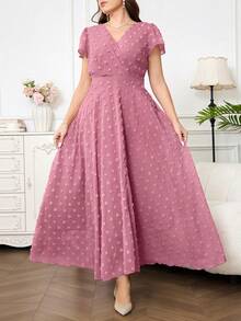 Reflora Gaun Wanita Ukuran Besar Elegan dengan Motif Bunga, Gaun untuk Tamu Pernikahan Musim Panas - Dusty Pink - View 6