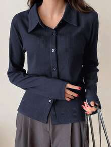 DAZY Ribbed Knit Button Front Tee,Fall Clothes Long Sleeve Women Tops - Navy Blue - View 3