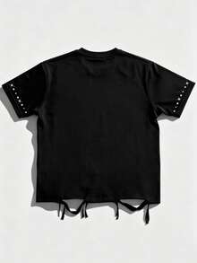 ROMWE MEN Summer New Men's Casual Round Neck T-Shirt With Rhinestone Water Print Pattern, Suitable For Daily Wear, Punk Street Style - Black - View 2
