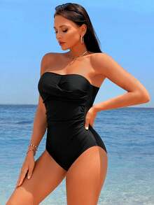 Breezaya Traje de baño de una pieza con bandeau fruncido para playa de verano y vacaciones - Negro - Ver 6