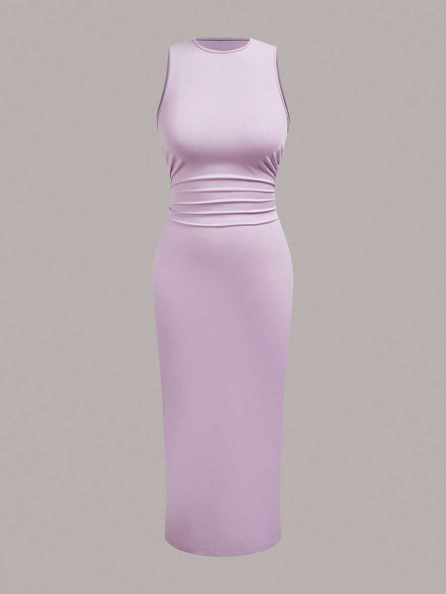 SHEIN EZwear 夏季纯色褶皱腰身连衣裙,淡紫色 - 紫丁香色 - 查看 1