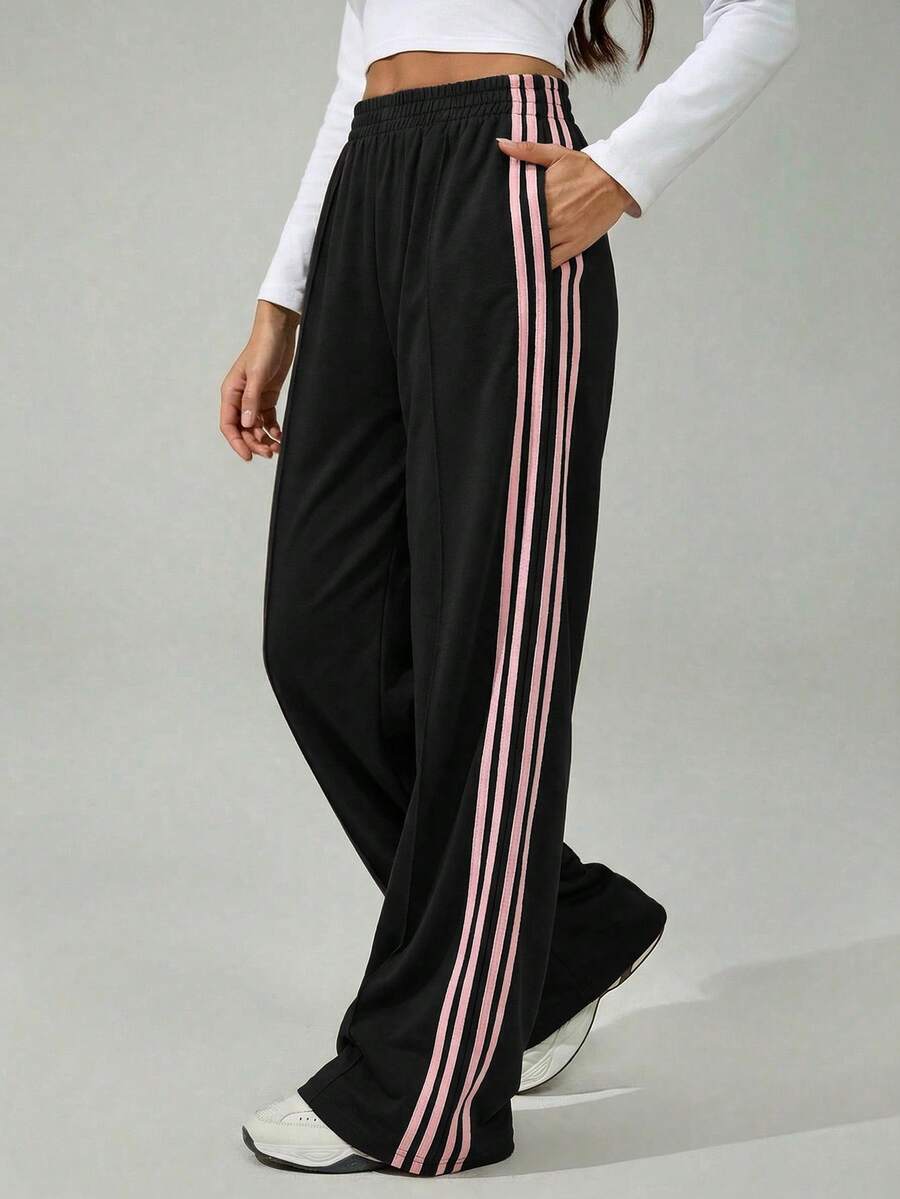SHEIN Tall 女款彈性腰側條紋寬腿鬆款休閒運動長褲,返校季,高個女性適用 - 黑色 - 查看 1