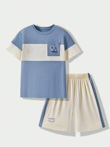 Casuvi Kids 2件套青少年男童校园日常穿搭，蓝白撞色口袋，CA字母印花短袖T恤和短裤，清爽舒适休闲百搭 - 霧霾藍 - 查看 5