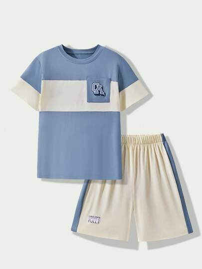 Casuvi Kids 2件套青少年男童校园日常穿搭，蓝白撞色口袋，CA字母印花短袖T恤和短裤，清爽舒适休闲百搭