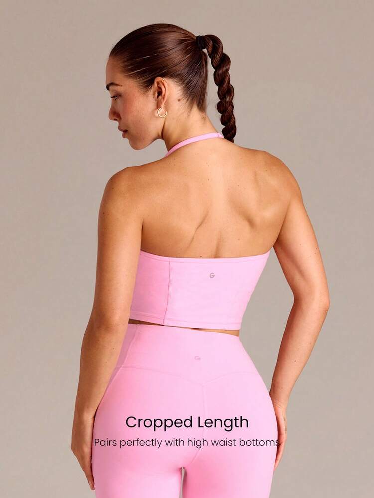 FeatherFit™ Breathable Lightweight Ruched Front Princess Seams Adjustable Halter Crop Tank With Removable Anti-Slip Cups Summer Yoga Studio Barre Pilates Workout Gym Wear