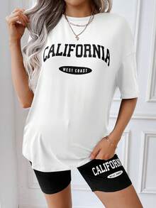 SHEIN Bộ đồ bầu 2 món gồm áo thun cổ tròn in chữ, vai rớt và quần short cạp chun điều chỉnh được, kiểu dáng thường ngày. - Đen và trắng - Xem 5