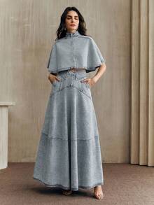 Anewsta Bộ đồ denim hồng nhạt thời trang thu đông dành cho nữ: Chân váy denim xếp ly + Áo choàng denim tay ngắn - Màu xanh lam - Xem 3