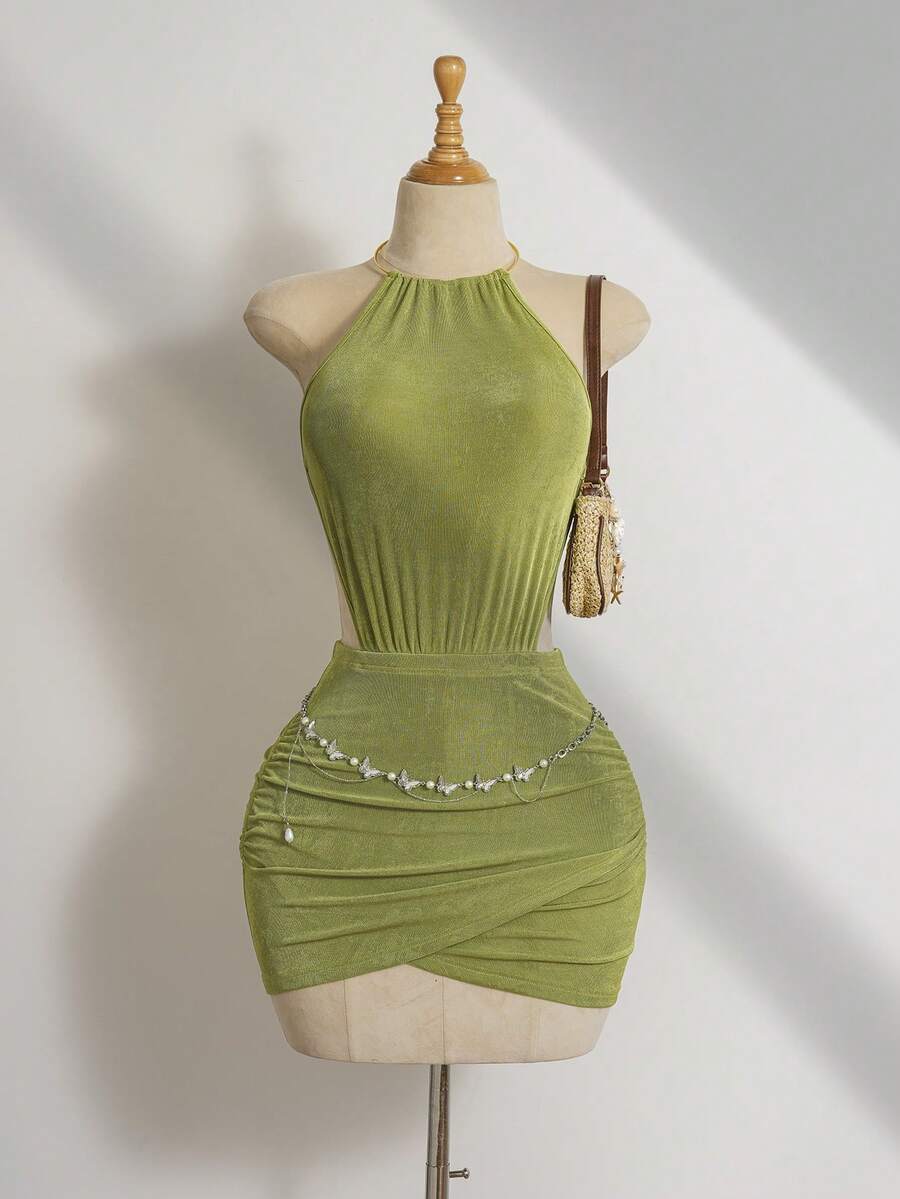 Elamini Women's Elegant Backless Tie-Up Green Mini Dress With Metal Buckle Decor, Suitable For Commuting In Spring/Summer - Green - View 1