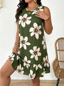 SHEIN Frenchy Plus Size Floral Print Sleeveless Casual Dress Casual Vacation Going Out Floral Print Dress For Women - Green - View 6