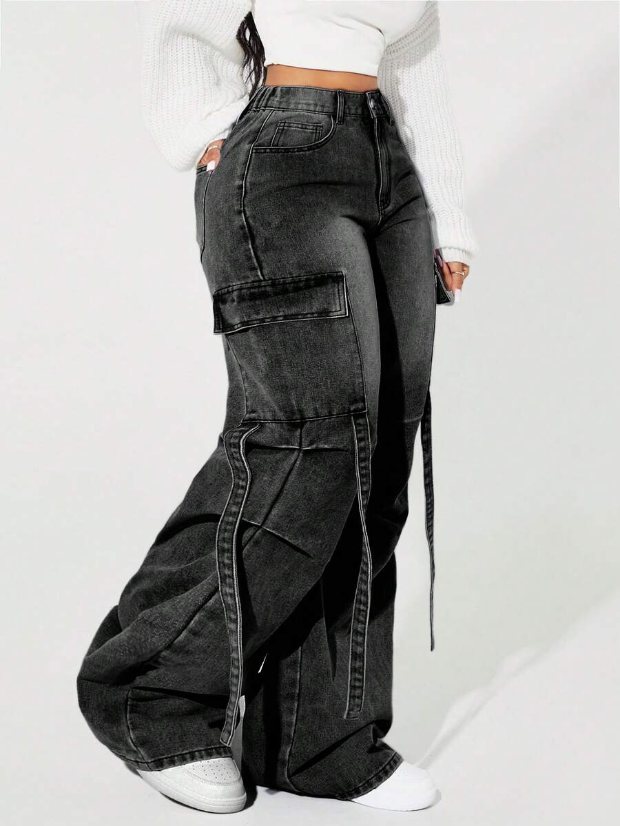 SHEIN Tall 女士纯色休闲宽松阔腿工装牛仔裤 - 黑色 - 查看 1