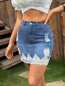Breezaya Chân váy ngắn denim ôm sát rách rưới phối ren dành cho nữ - Màu xanh lam - Xem 4