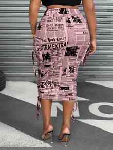 Maweii Plus Size Women Letter Print Color Block Drawstring Tie Ruched Hem Skirt Fall - Pink - View 3