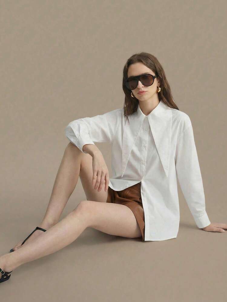 Women's 2026 Spring/Summer New Versatile Practical Clothing, Holiday Wear Cotton Shirt, Long Sleeve Oversized Collar, Personalized Fashion Casual Daily Wear, Extra Long Pointed Collar Can Be Tied, Pure Cotton Women's Shirt, White Exaggerated Shirt Collar Long Sleeve Styling Casual Personalized Clothing, Modern Urban Fashion Business Casual Women's Wear