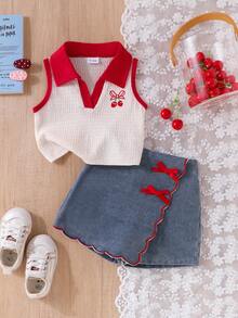 SHEIN Elladie kids 2件組女嬰白色夏季可愛度假套裝，無袖蝴蝶結刺繡紅色V領背心上衣 & 水洗淺藍色裙褲休閒套裝 - 紅色 - 查看 9