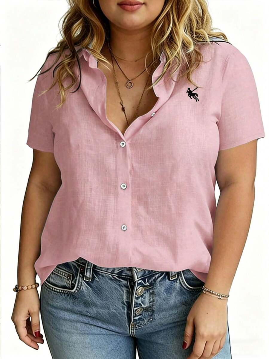 EMERY ROSE Large-Sized Woven Embroidered Casual Summer Shirt For Vacation - Pink - View 1