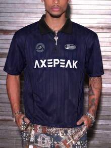 AXEPEAK Men's Letter Print Short Sleeve Casual Polo Shirt - Navy Blue - View 3