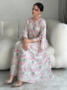 Yasmyna Đầm kiểu Ả Rập thanh lịch in hoa toàn thân dành cho nữ - Màu tím - Xem 1
