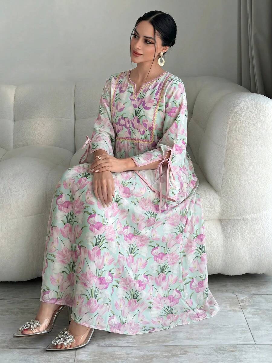 Yasmyna Đầm kiểu Ả Rập thanh lịch in hoa toàn thân dành cho nữ - Màu tím - Xem 1