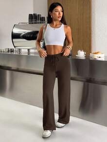 SHEIN EZwear 2件套女士纯色抽绳腰弹力针织裤套装 - 咖啡棕 - 查看 11