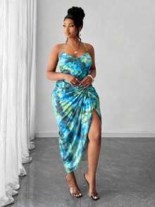 Maweii Plus Size Summer Fashion Tie-Dye Print Ruched Backless Halter Dress - Blue - View 3