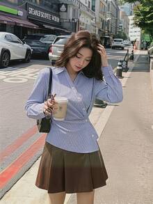 SHEIN MOD Áo sơ mi nữ dài tay cổ bẻ kẻ sọc xanh trắng, thích hợp mặc công sở, thường ngày, phong cách thập niên 90, mùa thu, đi học, đi chơi, ngày lễ tình nhân. - Xanh và trắng - Xem 1