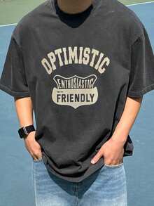DAZY Men's Grey Letter Print Round Neck T-Shirt, Summer Graphic Tee - Grey - View 8
